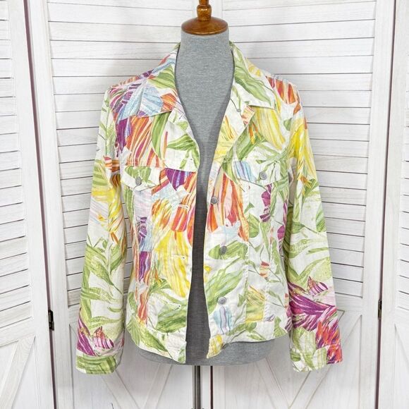Chico’s Tropical Palm Print Linen Blend Jean Jacket White Multi Medium - Picture 1 of 12